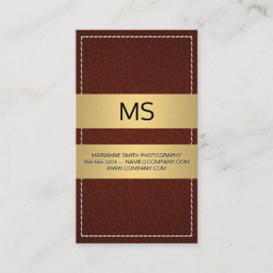 Stitched Brown Leather Gold Metallic Bars Business Card