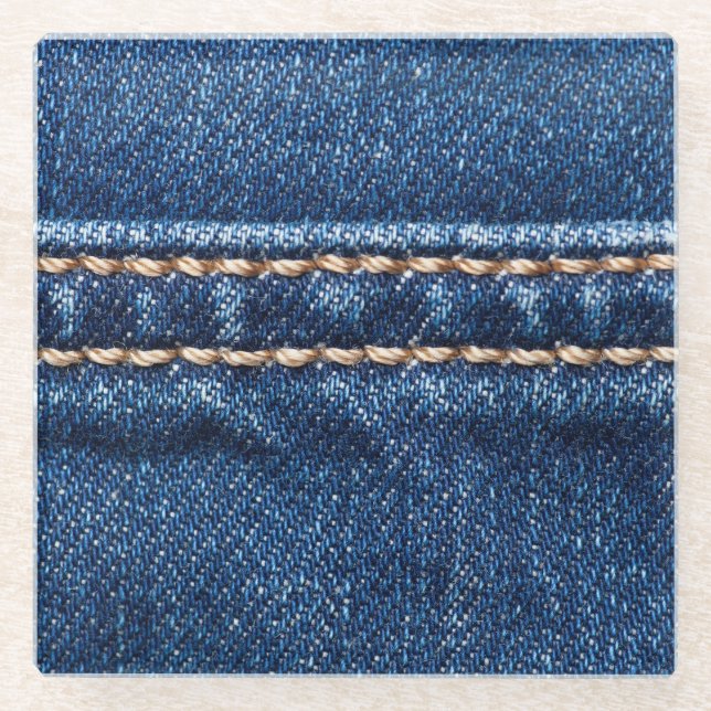 Stitched denim: closeup jeans texture. glass coaster (Front)