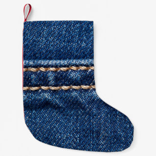 Stitched denim: closeup jeans texture. small christmas stocking