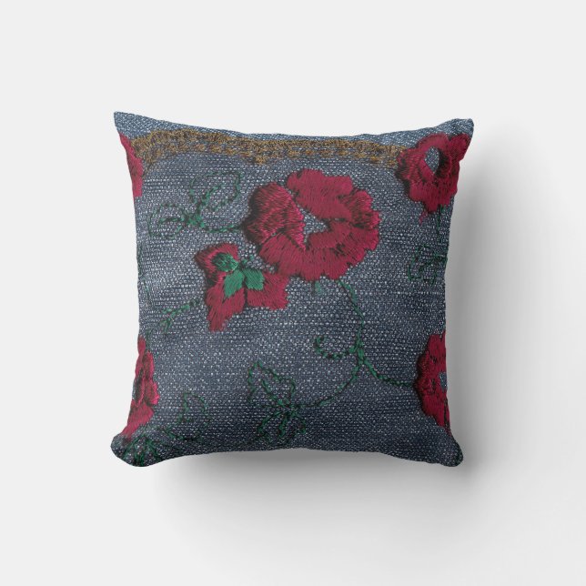 *~* Stitched Flowers Faux Denim Cushion (Front)