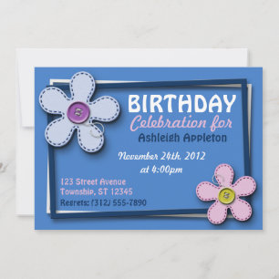 Stitched Flowers Trendy Blue Birthday Invitations