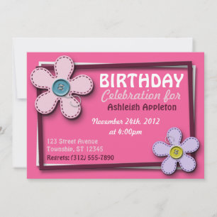 Stitched Flowers Trendy Pink Birthday Invitations