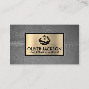 Stitched Grey Leather   Gold Metallic   Home Icon Business Card