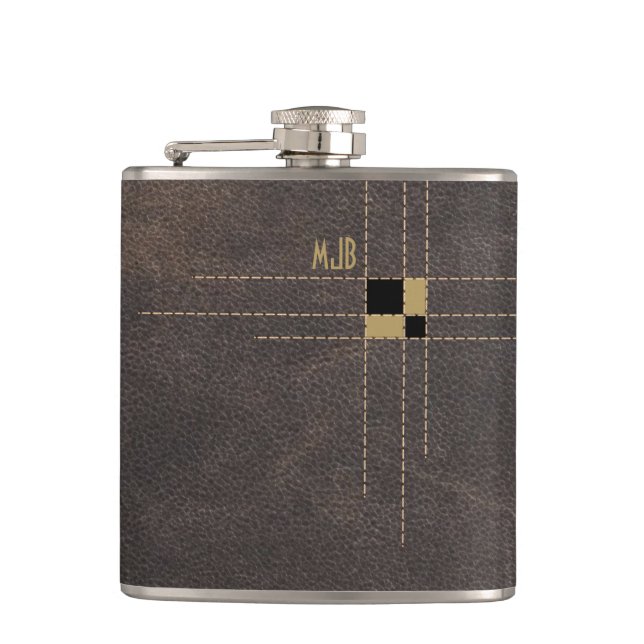 Stitched Leather Classy Monogram Hip Flask (Front)
