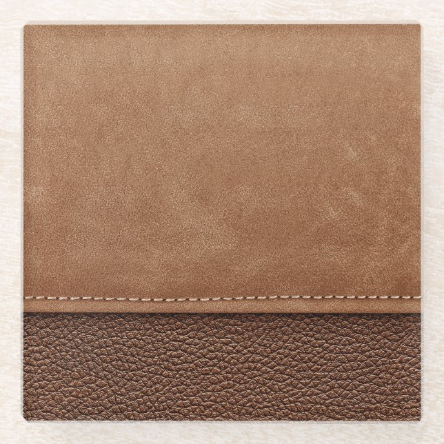 Stitched leather: grey, black background. glass coaster (Front)