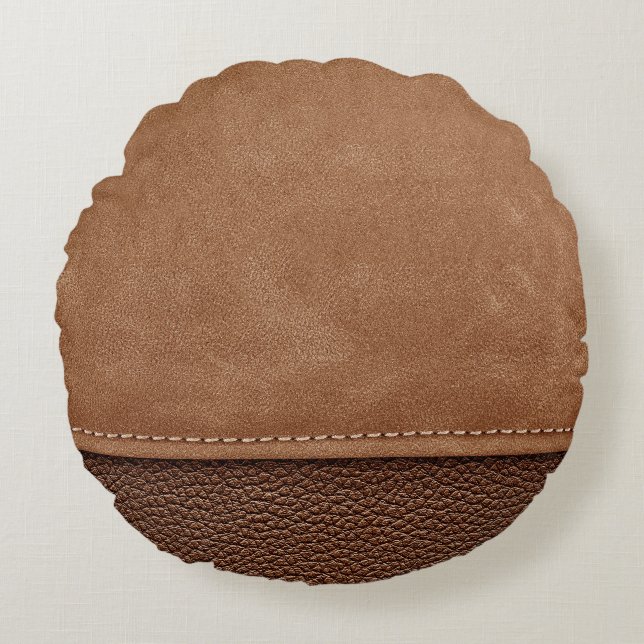 Stitched leather: grey, black background. round cushion (Front)