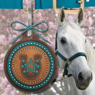 Stitched Leather Horseshoe Horse Halter Bridle Pet Tag