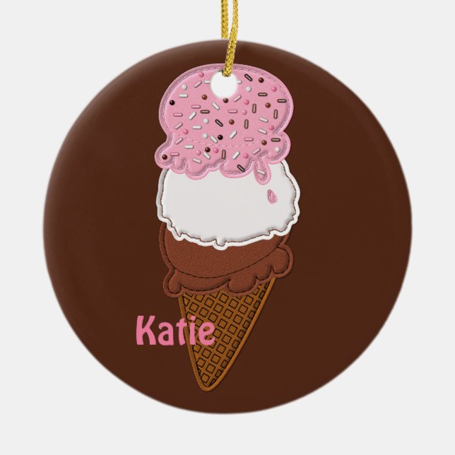 Stitched-Neapolitan-Ice-Cream-Cones-2-ROUND ORNIE Ceramic Ornament (Front)
