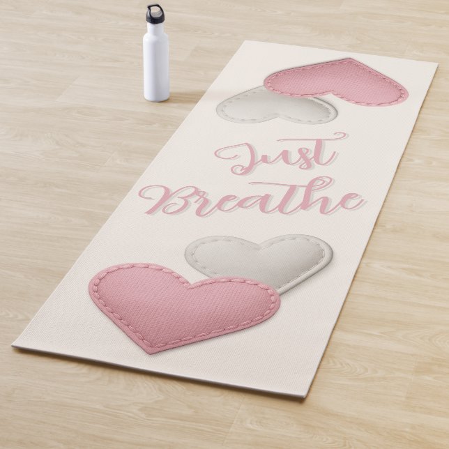 Stitched Pink & Ivory Hearts "Just Breathe" Yoga Mat (In Situ)