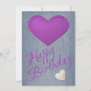 Stitched Purple and White Hearts on Denim Birthday Holiday Card