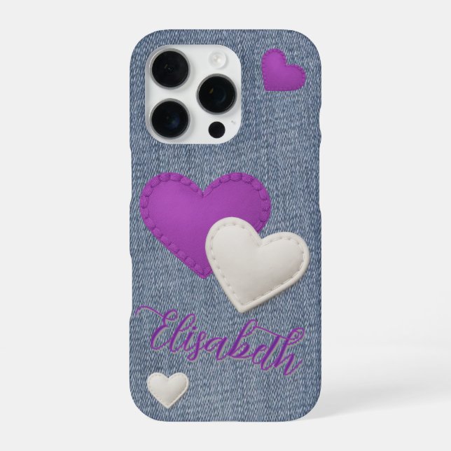 Stitched Purple & White Hearts and Name on Denim iPhone Case (Back)