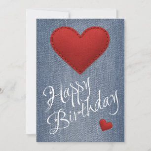 Stitched Red Hearts & White Text on Denim Birthday Holiday Card