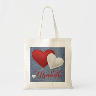Stitched Red & White Hearts your Name on Denim Tote Bag