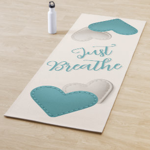 Stitched Teal and Ivory Hearts "Just Breathe" Yoga Mat