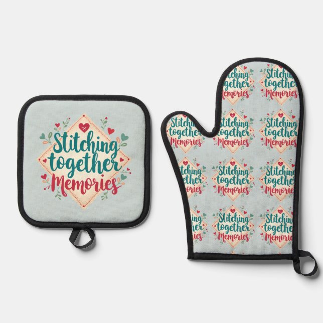 Stitching Together Memories Embroidery Art Oven Mitt & Pot Holder Set (Front)