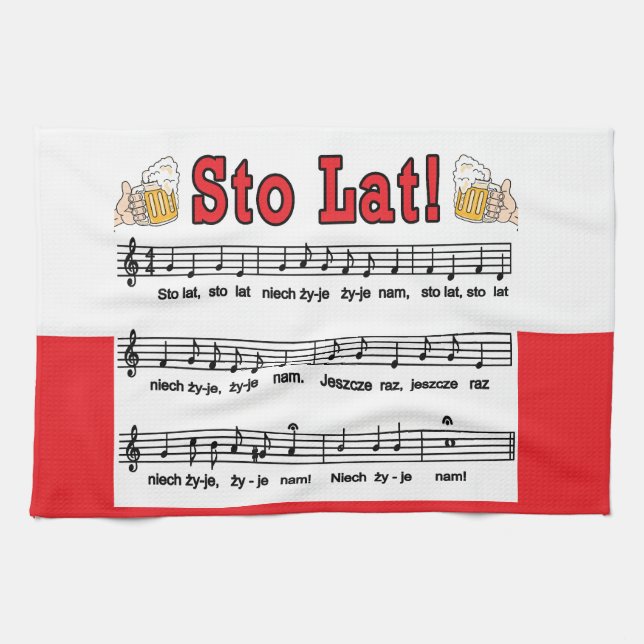 Sto Lat! Song With Beer Mugs Tea Towel (Horizontal)