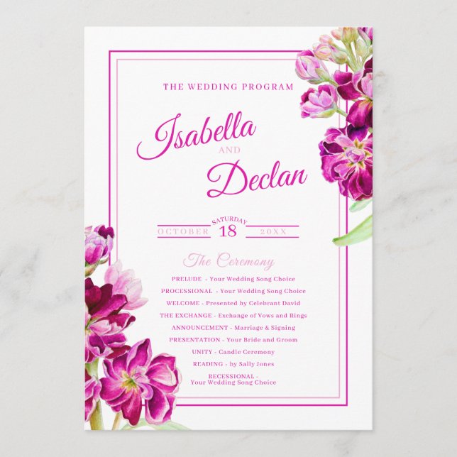 Stock flowers pink watercolor wedding program  (Front)