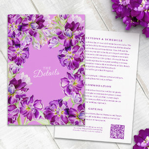 Stock purple floral wedding details with QR code Enclosure Card