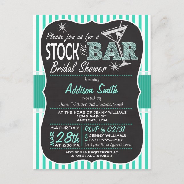 Stock the Bar Bridal Shower; Aqua Invitation (Front)