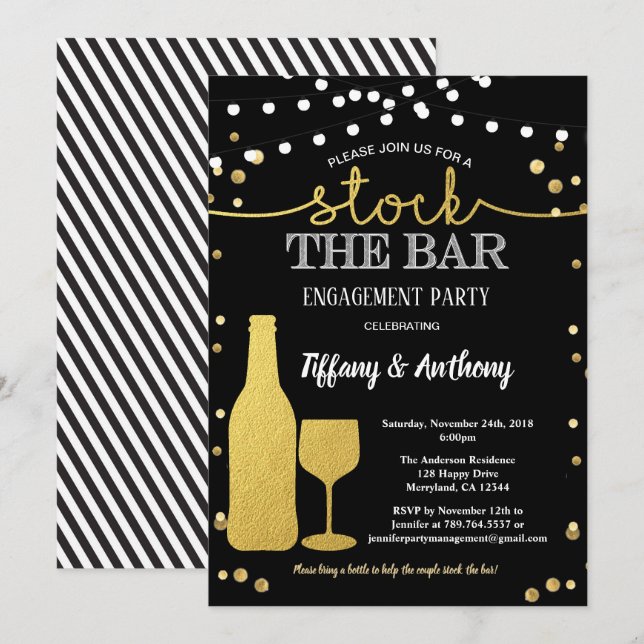 Stock the bar engagement party black and gold invitation (Front/Back)