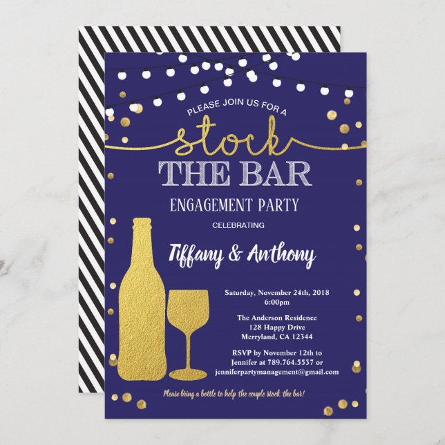 Stock the bar engagement party blue and gold invitation (Front/Back)