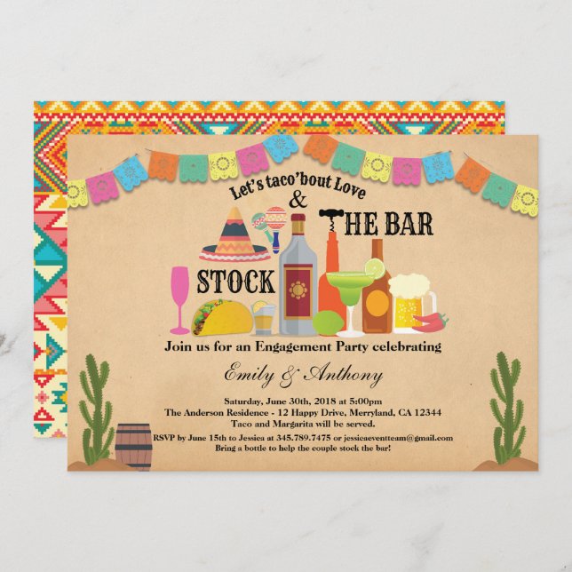 Stock the bar engagement party Taco Fiesta Invitation (Front/Back)