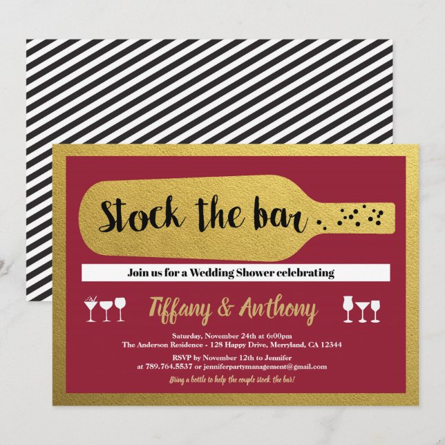 Stock the bar invitation burgundy and gold (Front/Back)