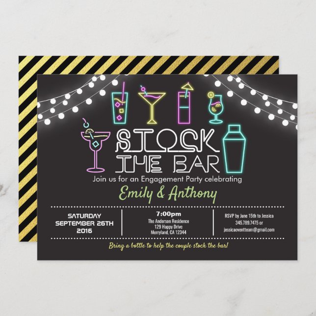 Stock the bar invitation neon engagement party (Front/Back)