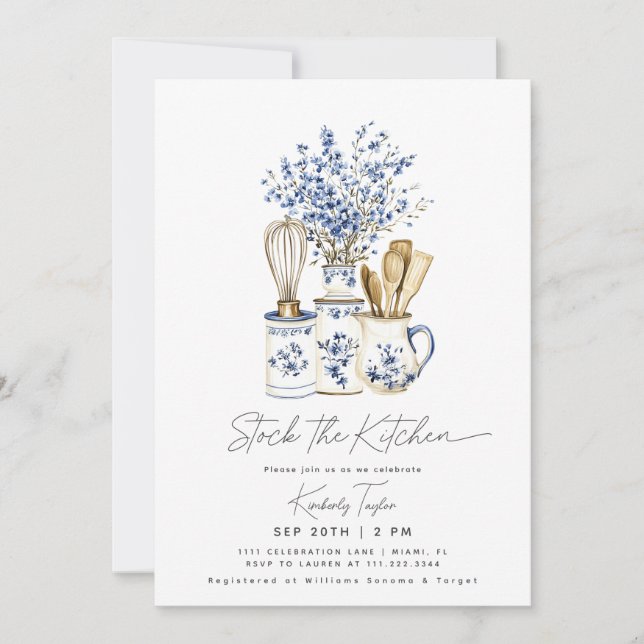 Stock The Kitchen Chinoiserie Blue Bridal Shower Invitation (Front)