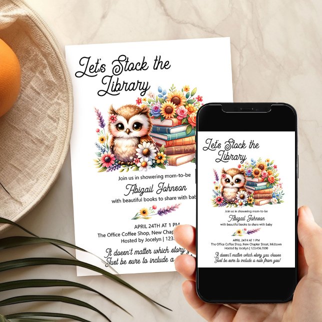 Stock the Library Baby Shower Wise Owl Floral Book Invitation (Stock the Library Baby Shower invitation for book lovers, office baby showers, baby sprinkles ..)