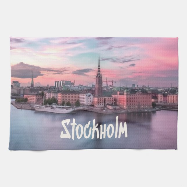 Stockholm Capital of Sweden Night Skyline Tea Towel (Horizontal)