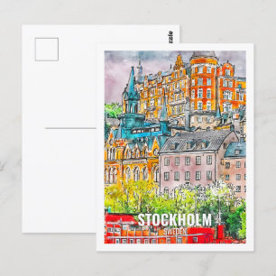 Stockholm Sweden Famous Travel Place Watercolor Postcard