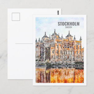 Stockholm Sweden Famous Travel Place Watercolor Postcard