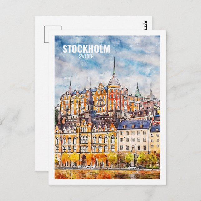 Stockholm Sweden Famous Travel  Watercolor Sketch Postcard (Front/Back)