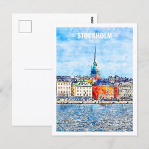 Stockholm Sweden Famous Travel Watercolor Sketch Postcard