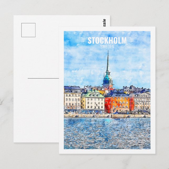 Stockholm Sweden Famous Travel Watercolor Sketch Postcard (Front/Back)