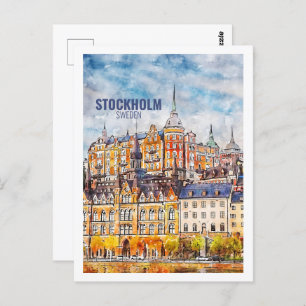 Stockholm Sweden  Famous Travel Watercolor Sketch Postcard