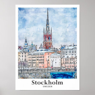Stockholm Sweden Travel Watercolor Hand Drawn Poster