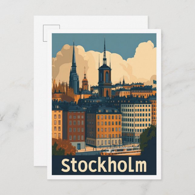 Stockholm Sweden Vintage Travel Illustration Postcard (Front/Back)