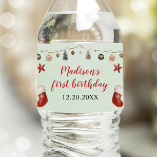 Stocking Christmas 1st Birthday Party  Water Bottle Label
