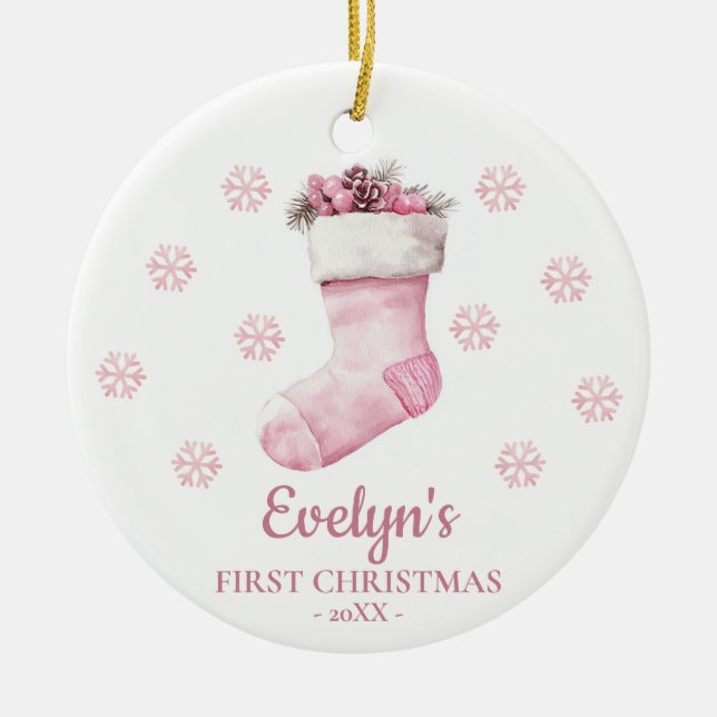 Stocking Personalized Girl's First Christmas Ceramic Ornament (Front)