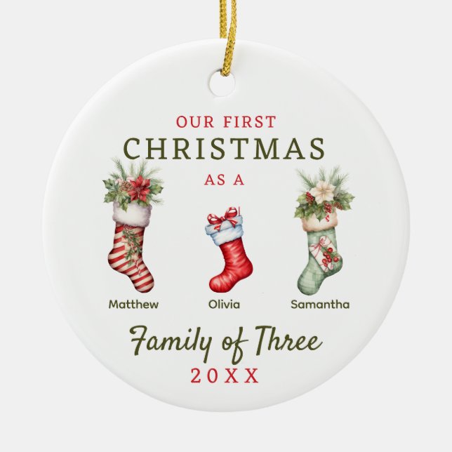 Stockings Family of Three First Christmas Ceramic Ornament (Front)
