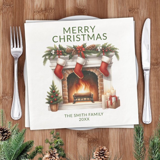 Stockings Fireplace Green Christmas Party Napkin (Creator Uploaded)