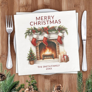 Stockings Fireplace Red Christmas Party Napkin