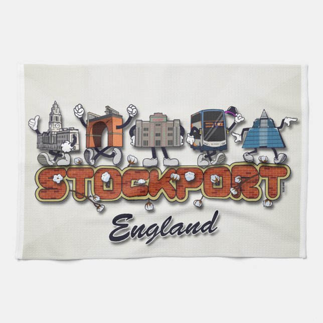 Stockport cartoon characters tea towel (Horizontal)