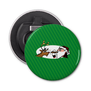 Stogie Santa and Reindeer on Green Stripes Bottle Opener