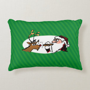 Stogie Santa and Reindeer on Green Stripes Decorative Cushion