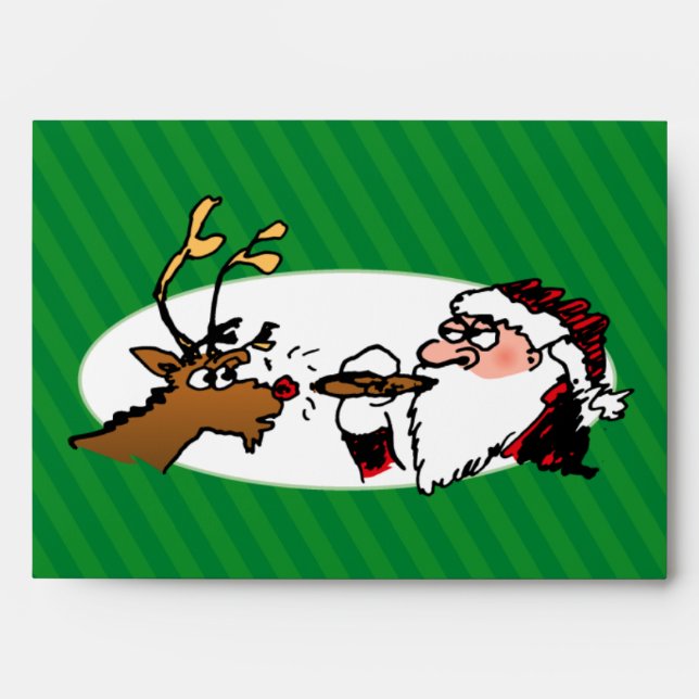 Stogie Santa and Reindeer on Green Stripes Envelopes (Front)