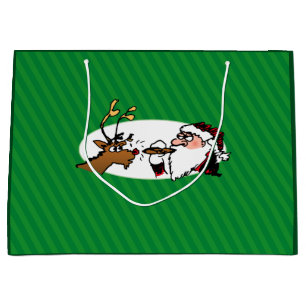 Stogie Santa and Reindeer on Green Stripes Large Gift Bag