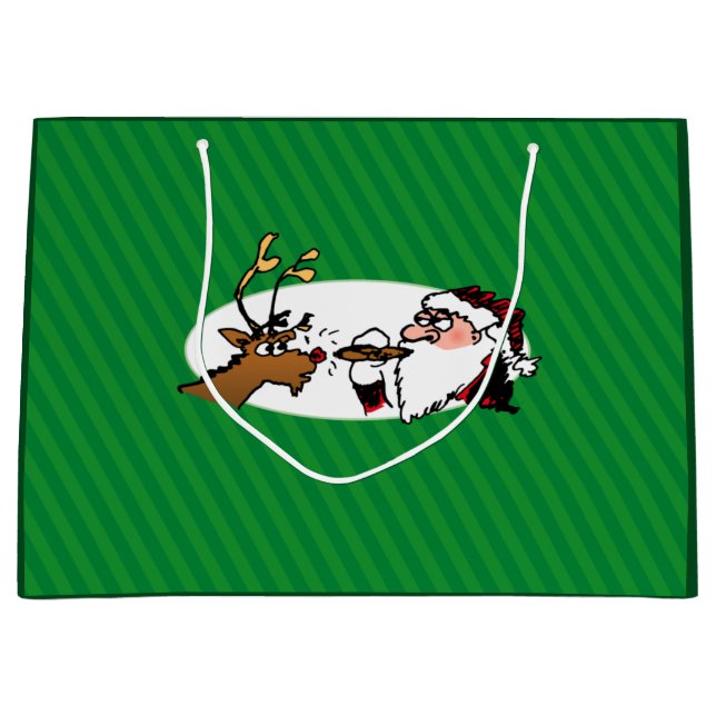 Stogie Santa and Reindeer on Green Stripes Large Large Gift Bag (Front)